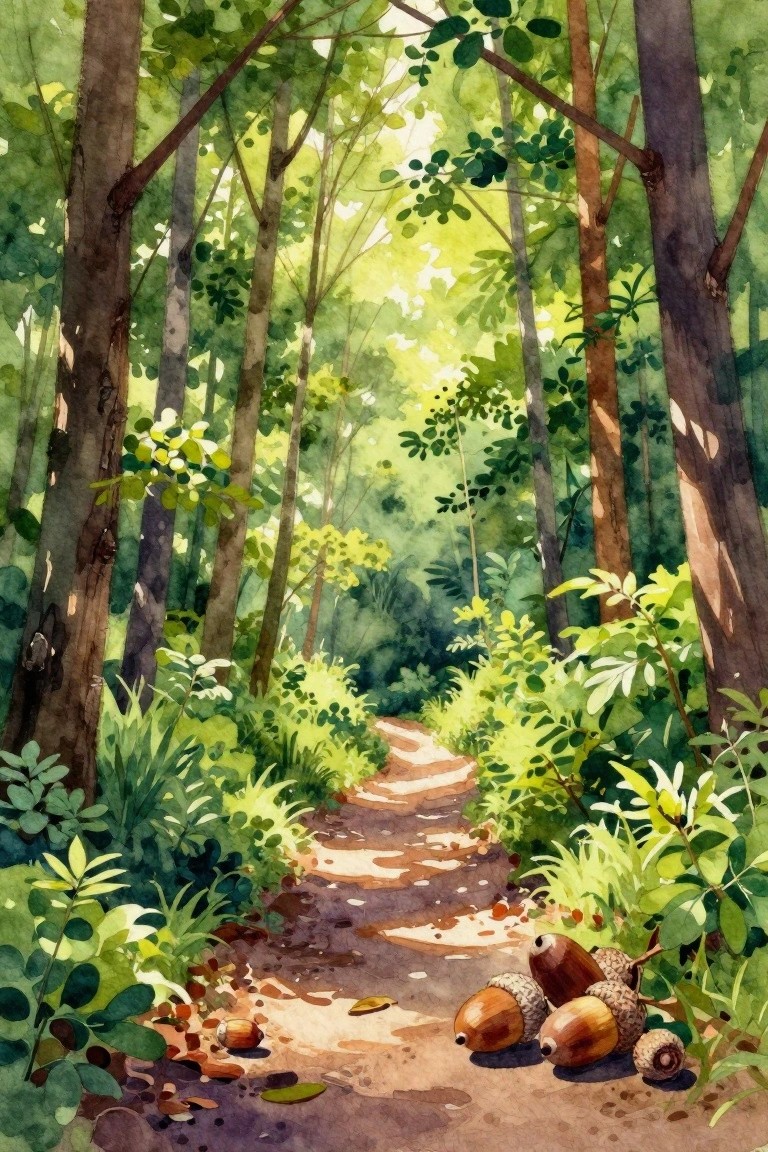 Watercolor forest path winding among tall trees with sunlight and scattered acorns
