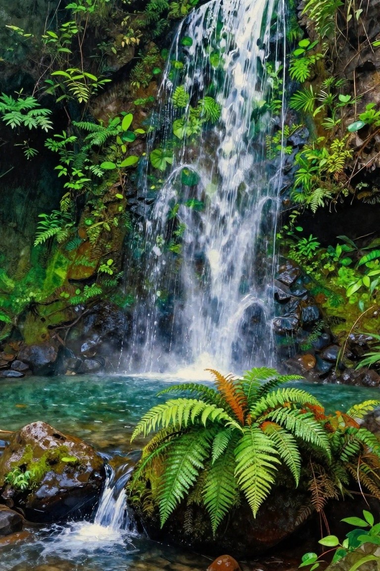Lush ferns frame a cascading waterfall into a turquoise pool amid mossy rocks.