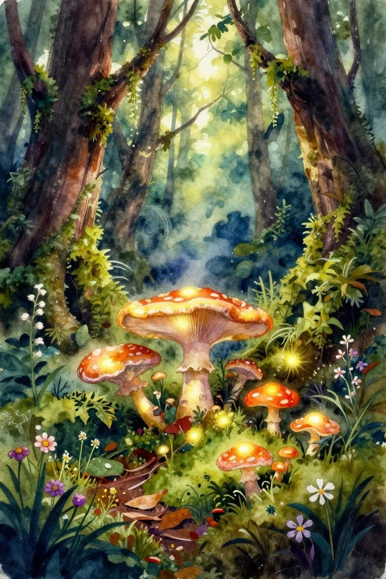 Luminous mushrooms glow in a lush watercolor forest with tall trees and wildflowers.