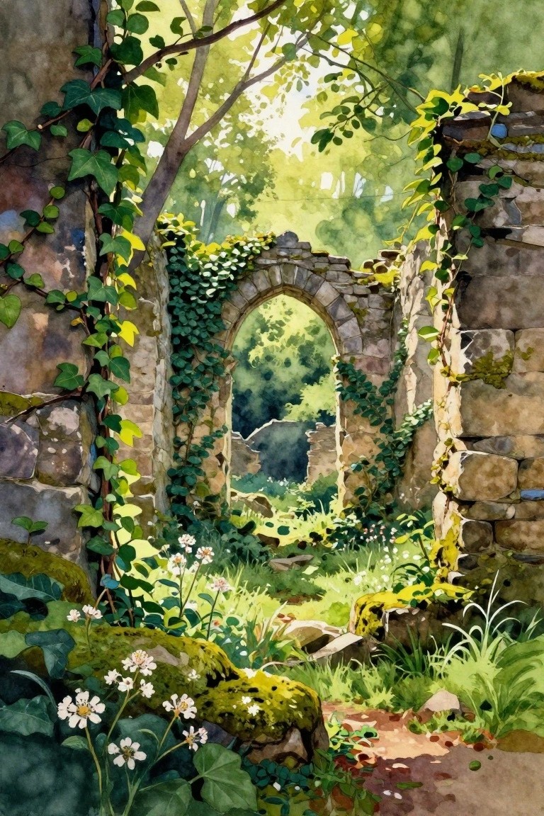 A watercolor painting of an old stone archway covered in green ivy and surrounded by forest trees and wildflowers.