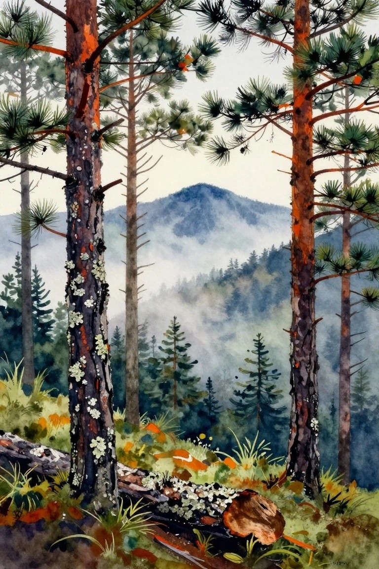 Misty watercolor pine forest with tall trees, fallen log, and blue mountains