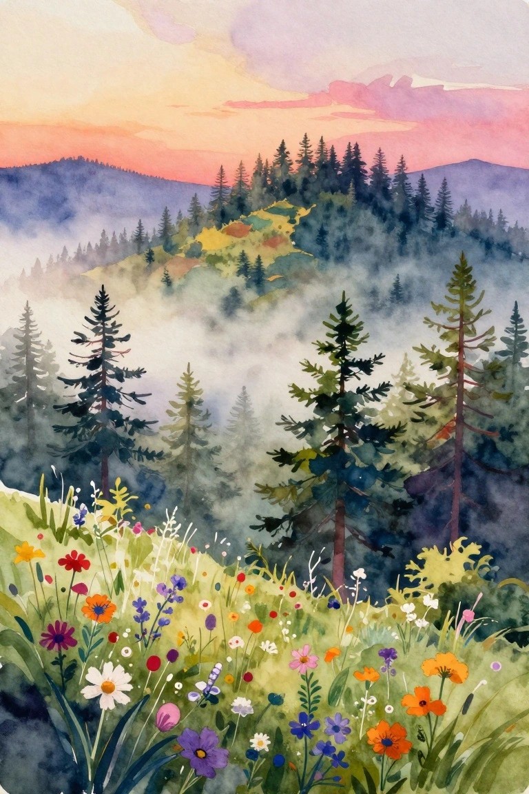 Watercolor landscape of misty pine forests and vibrant wildflowers at sunset