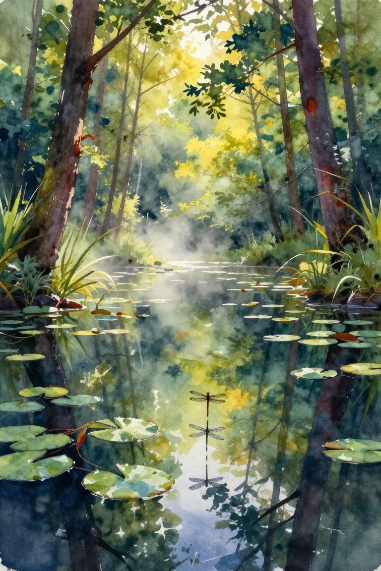 Watercolor forest pond with lily pads, dragonflies, mist, and golden sunlight rays