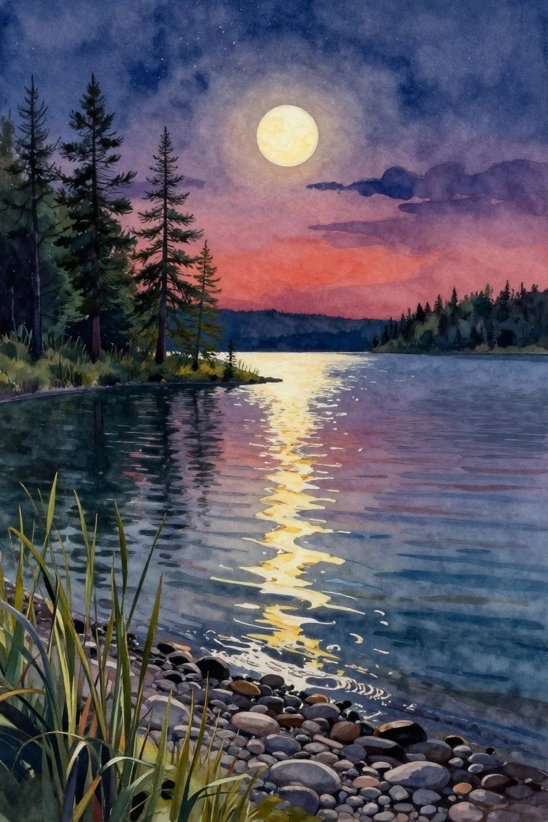 Watercolor of full moon reflecting on lake amid pines and rocky shore at dusk