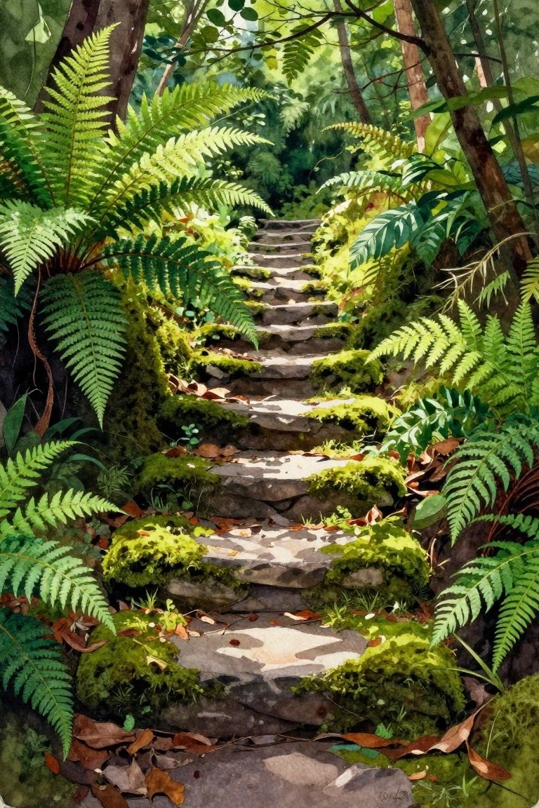 Mossy stone steps ascending through lush ferns in a sunlit forest.