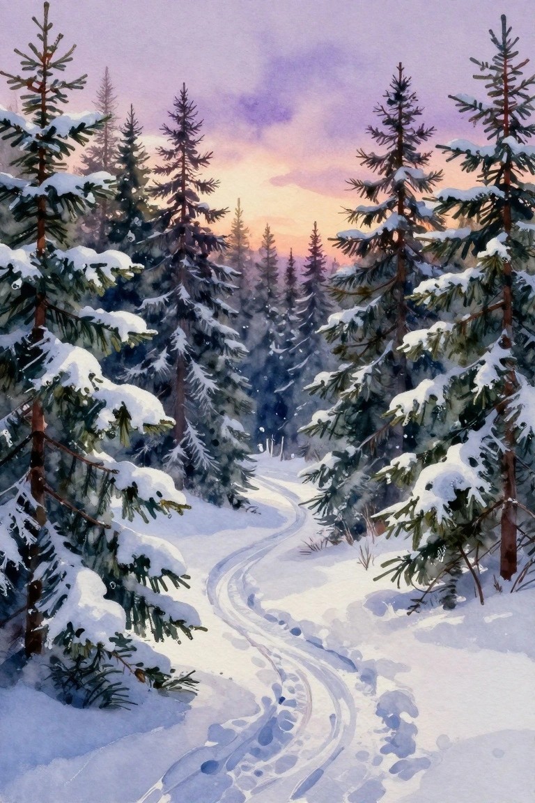 Watercolor of snow-laden pines beside a winding path under a purple sunset sky