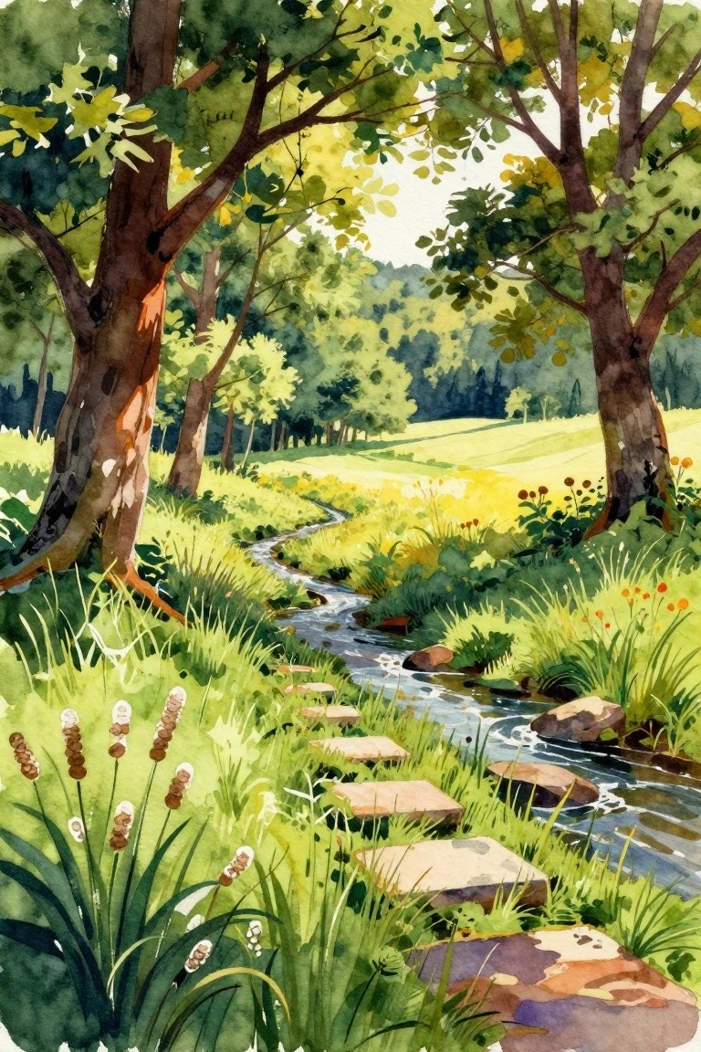 Watercolor forest scene with stepping stones crossing a sunlit winding stream amid lush trees.