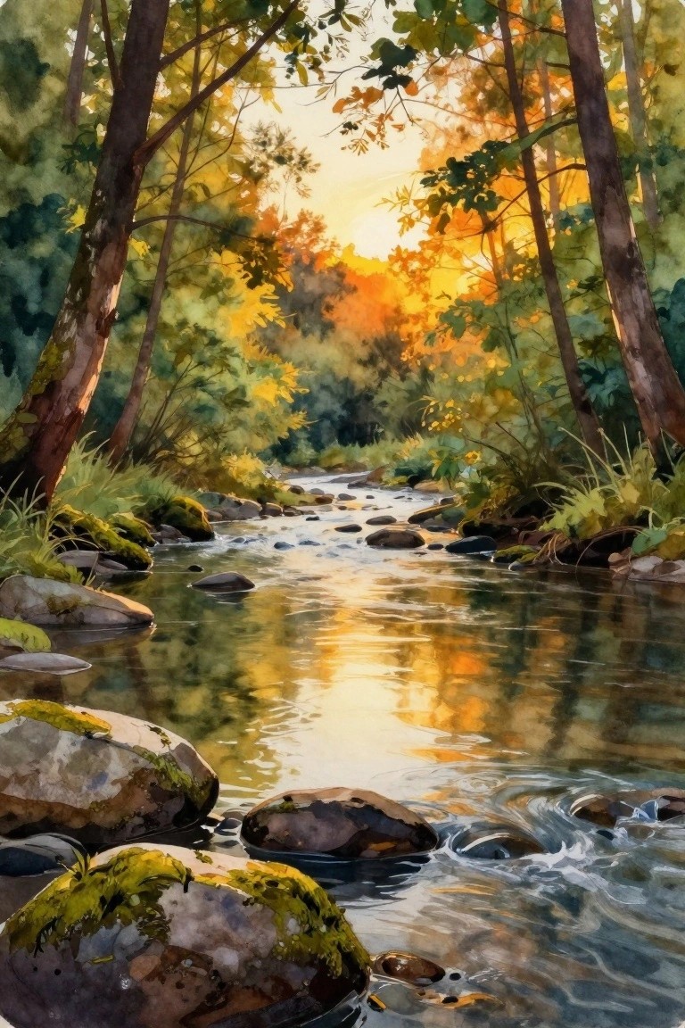 Watercolor of a golden sunset glowing on a rocky forest stream.