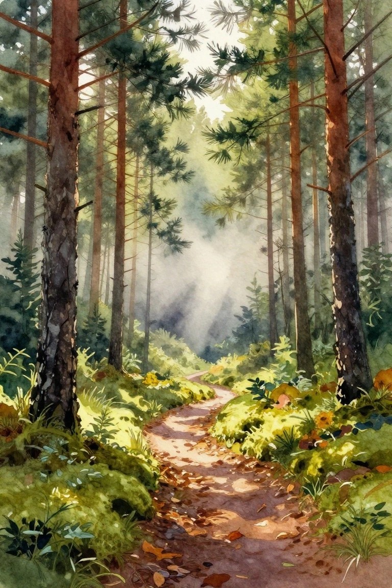 Sunlit dirt path winding through tall pines with lush green undergrowth, watercolor style