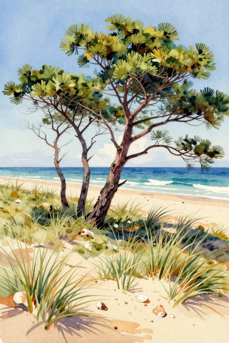 Watercolor of windswept tree on grassy dunes overlooking turquoise ocean and waves