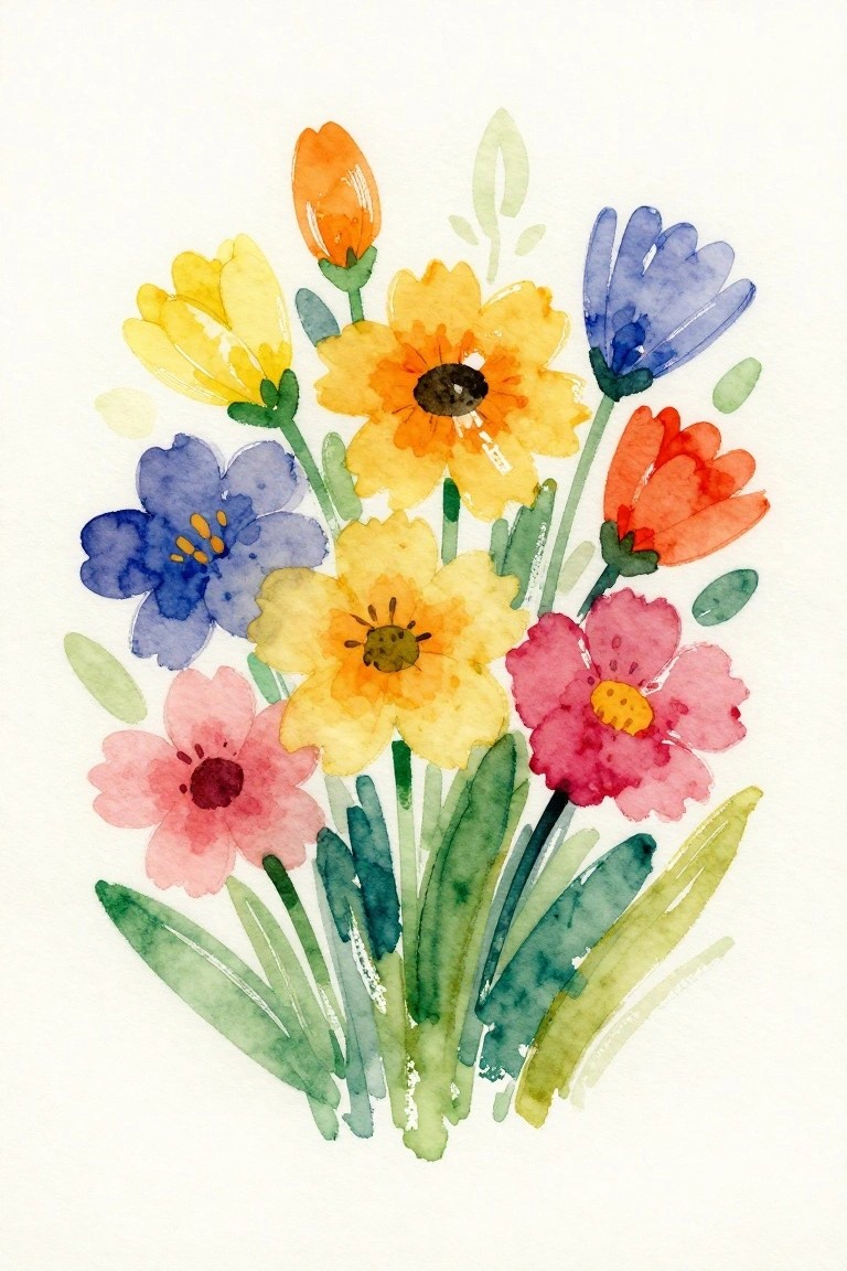 Vibrant watercolor bouquet of yellow, blue, pink, and red flowers with green leaves.