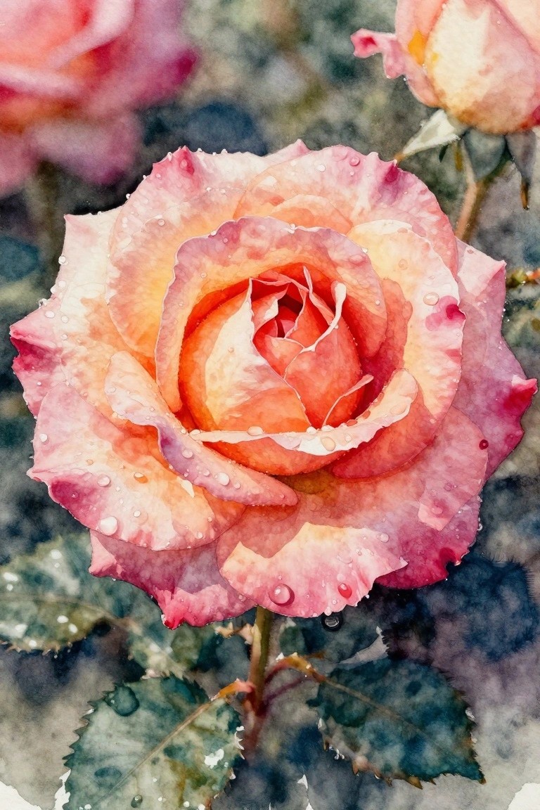 Watercolor rose in pink and orange hues covered in glistening dew drops