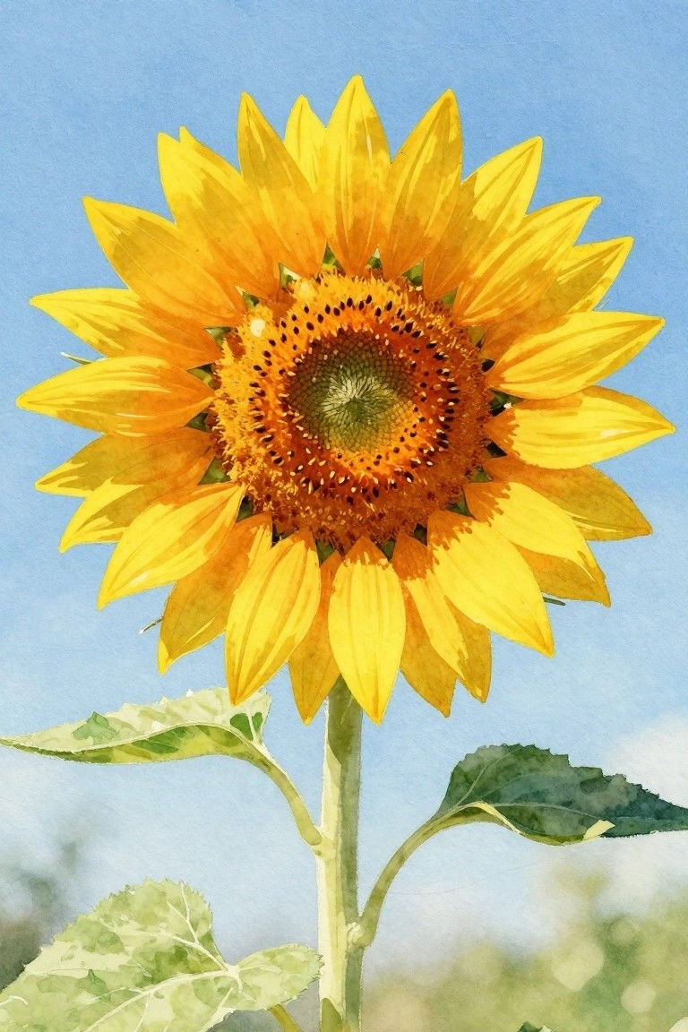 A large yellow sunflower with green leaves is painted against a clear blue sky.