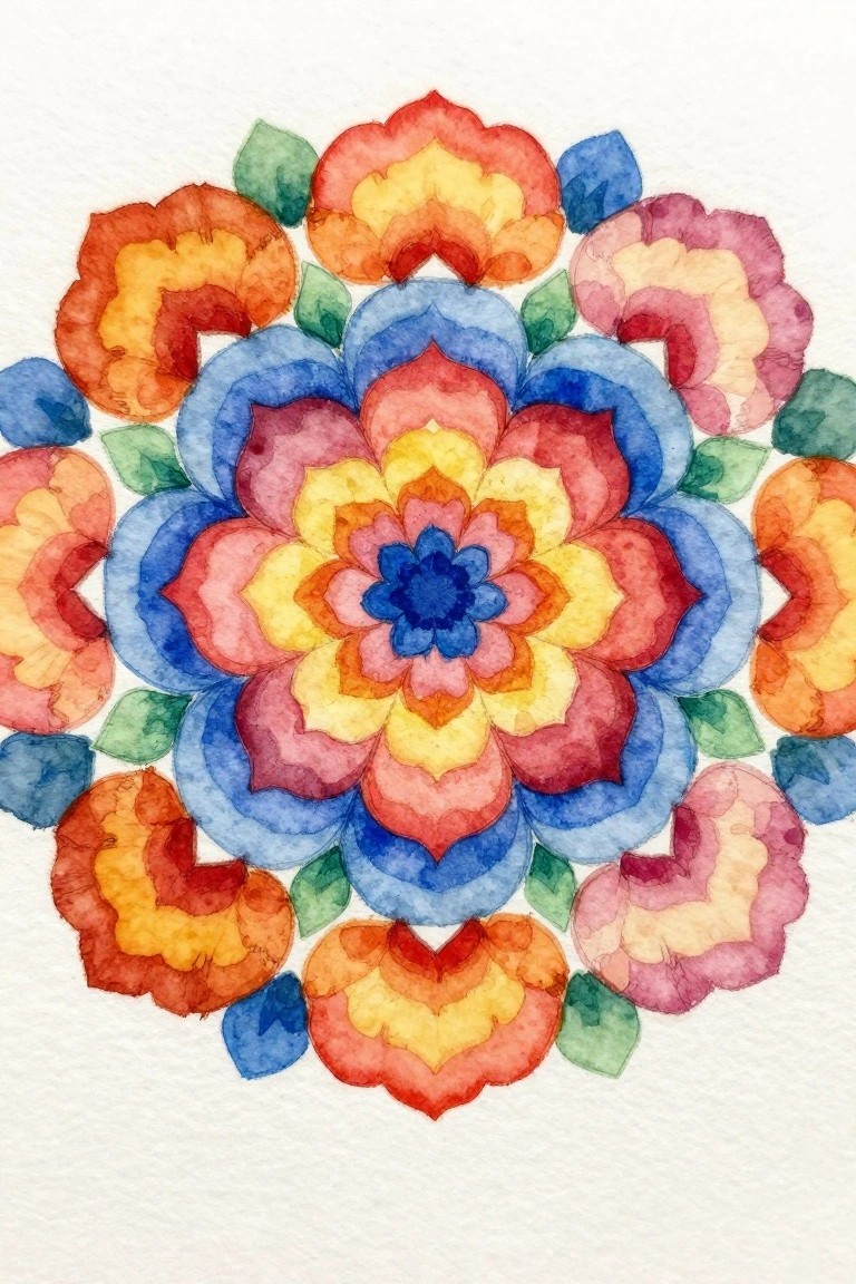 Vibrant watercolor mandala of layered rainbow floral petals with blue center