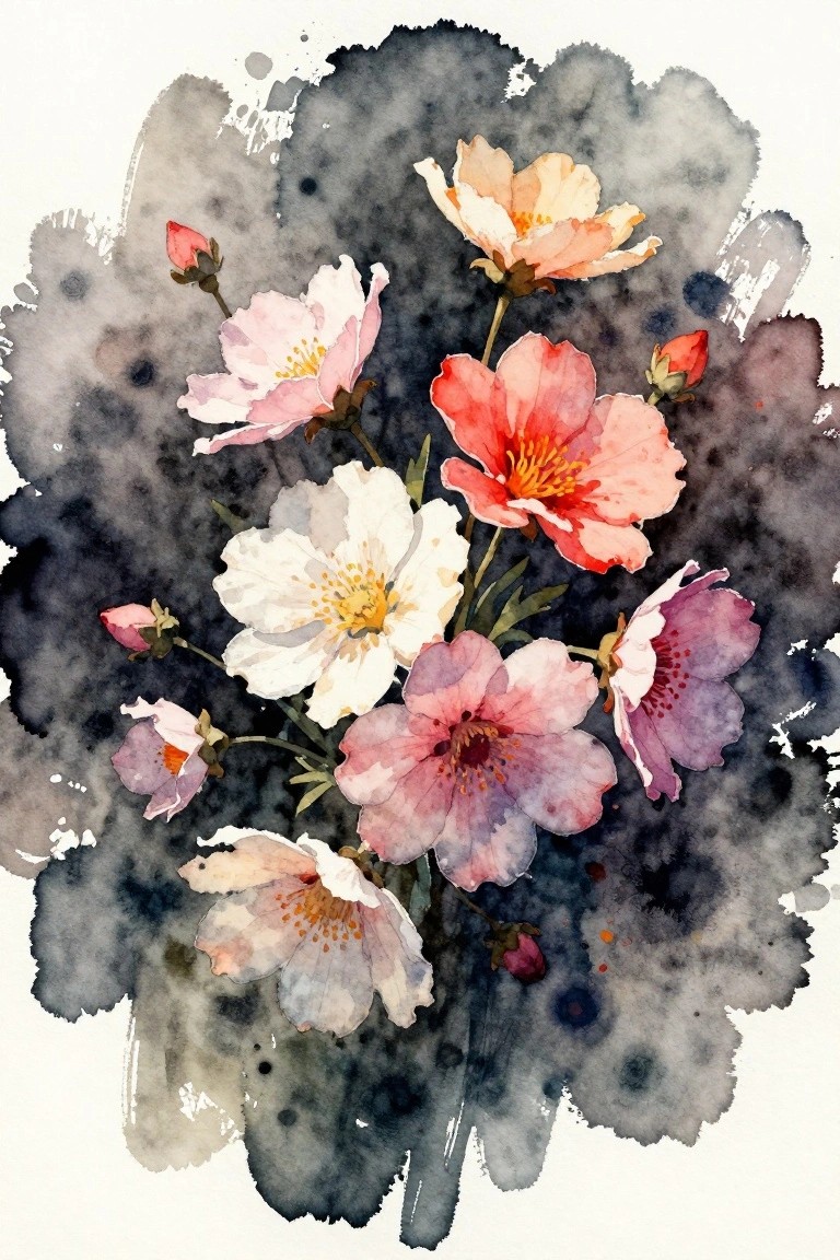 Watercolor bouquet of pink, red, and white flowers on dark abstract background