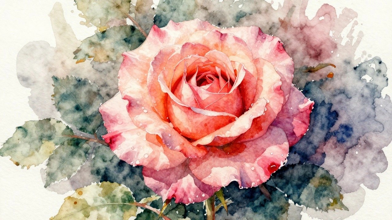 Watercolor rose in pink and orange hues covered in glistening dew drops
