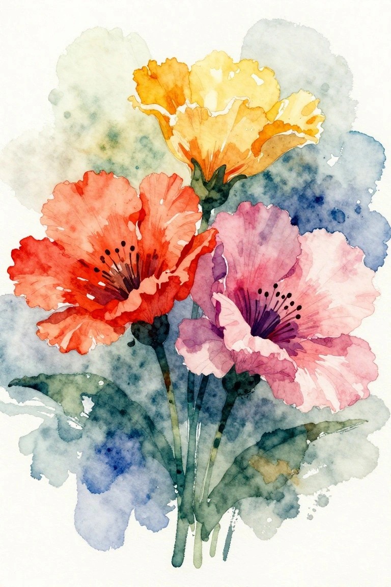 A watercolor painting of three flowers in red, pink, and yellow with green stems and leaves against a soft blue-green background.