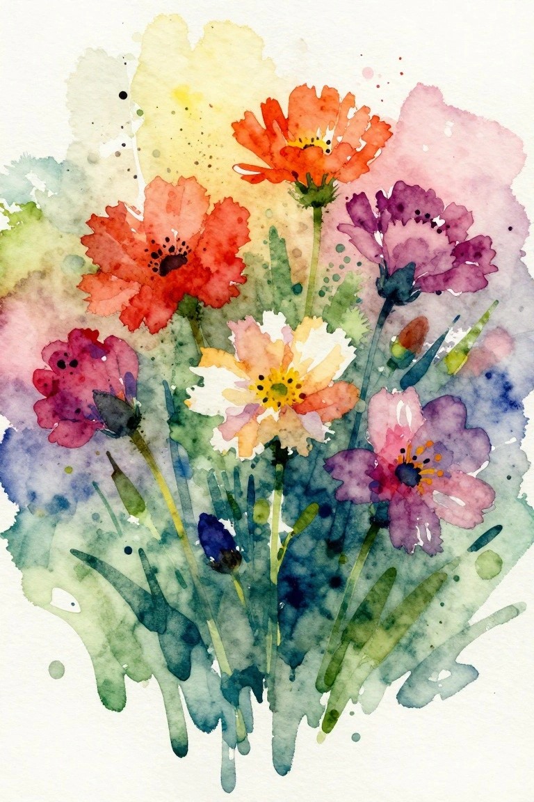 A loose watercolor painting of colorful overlapping flowers in red, orange, purple, and pink with green stems against a soft multicolored wash background.