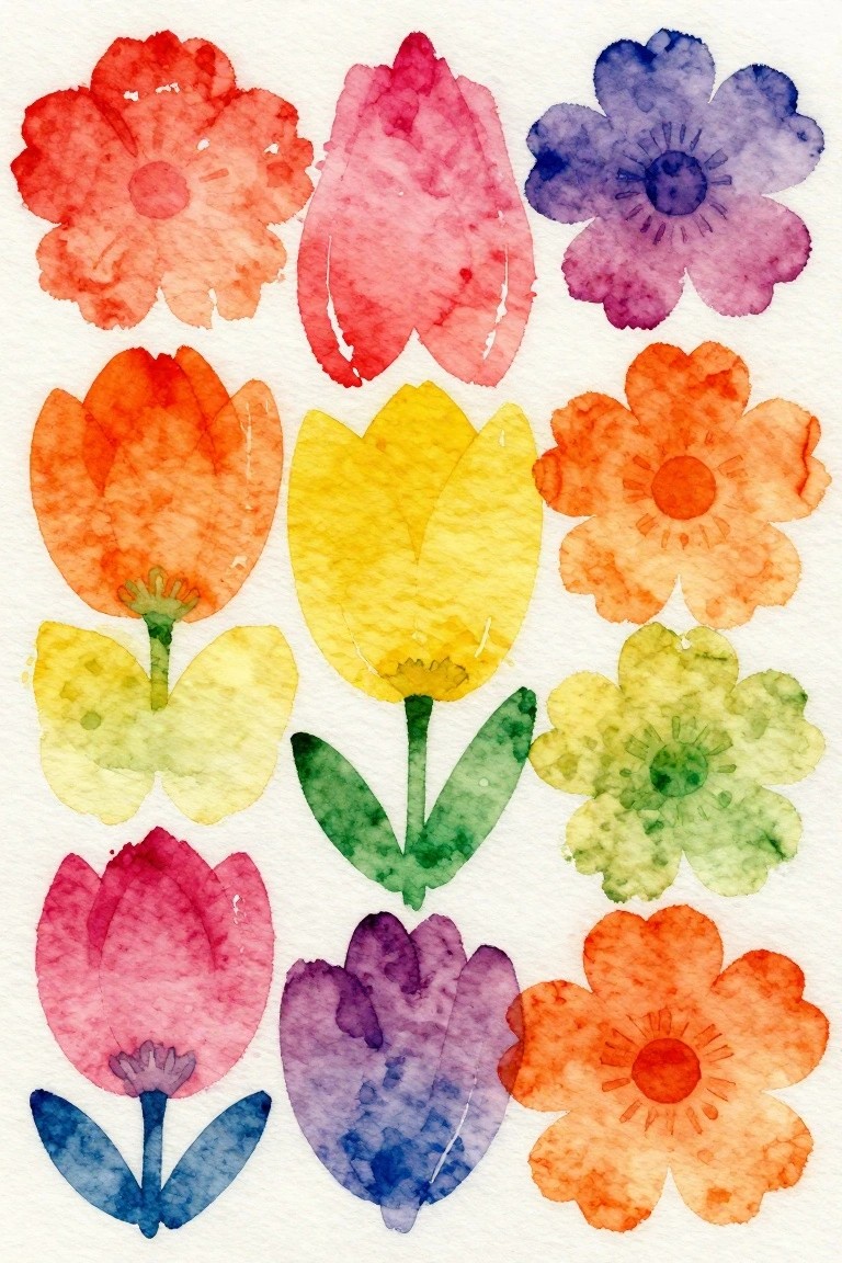 A scattered collection of colorful flowers painted in watercolor on white paper, showing tulips and daisies in red, orange, yellow, green, blue, and purple.