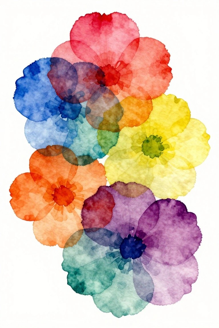 Overlapping watercolor flowers in vibrant rainbow colors with visible centers