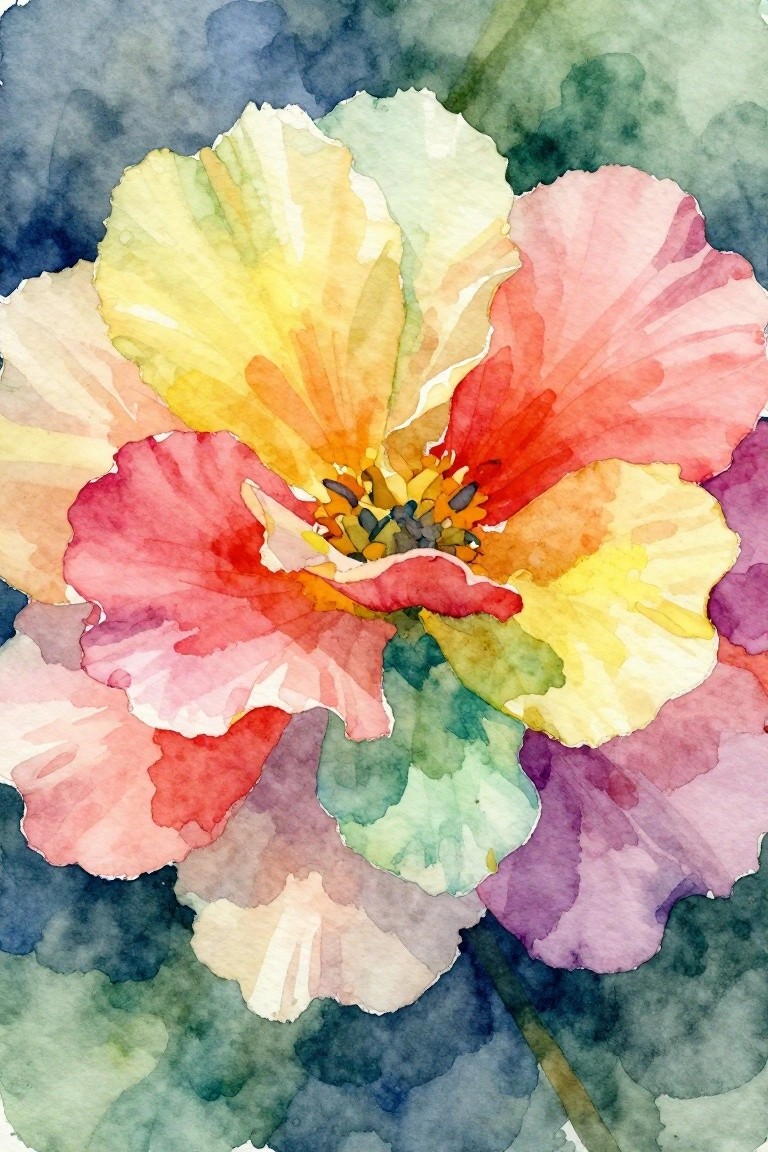 Vibrant watercolor flower with layered red, pink, yellow, and orange petals.