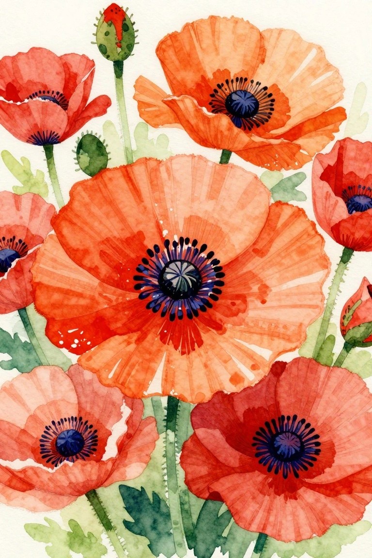 Watercolor painting of blooming red-orange poppies with dark blue centers and green leaves