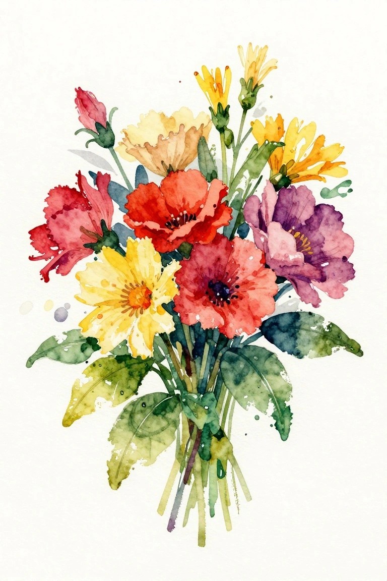 Vibrant watercolor bouquet of red poppies, yellow blooms, purple flowers, and green leaves.