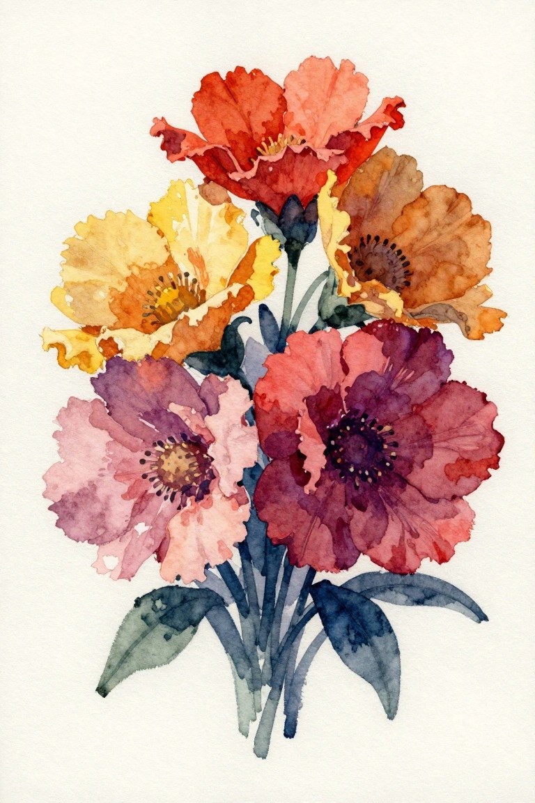 Watercolor bouquet of vibrant red, orange, yellow, pink, and purple poppies with blue leaves.