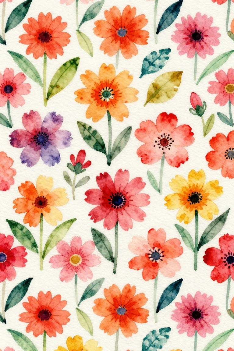 Watercolor pattern of vibrant red, orange, pink, and yellow flowers with green leaves