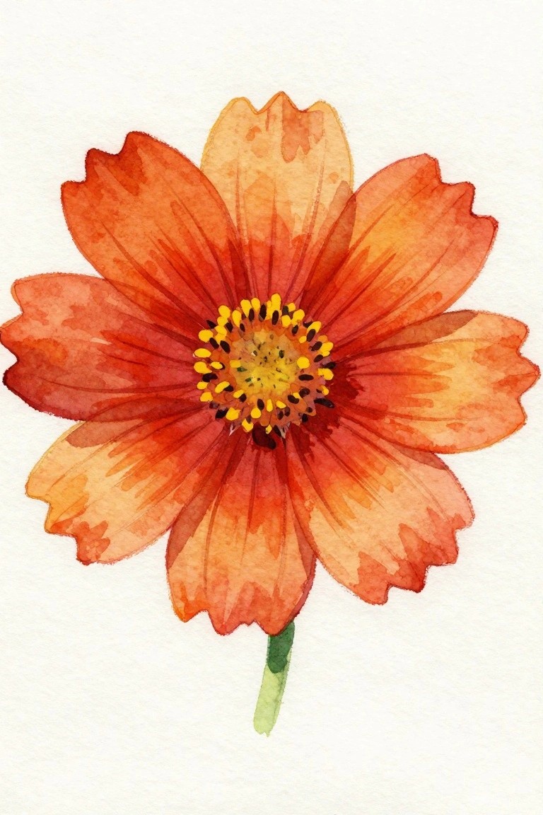 A watercolor painting of an orange flower with layered petals, a yellow center with black and yellow dots, and a short green stem on a white background.