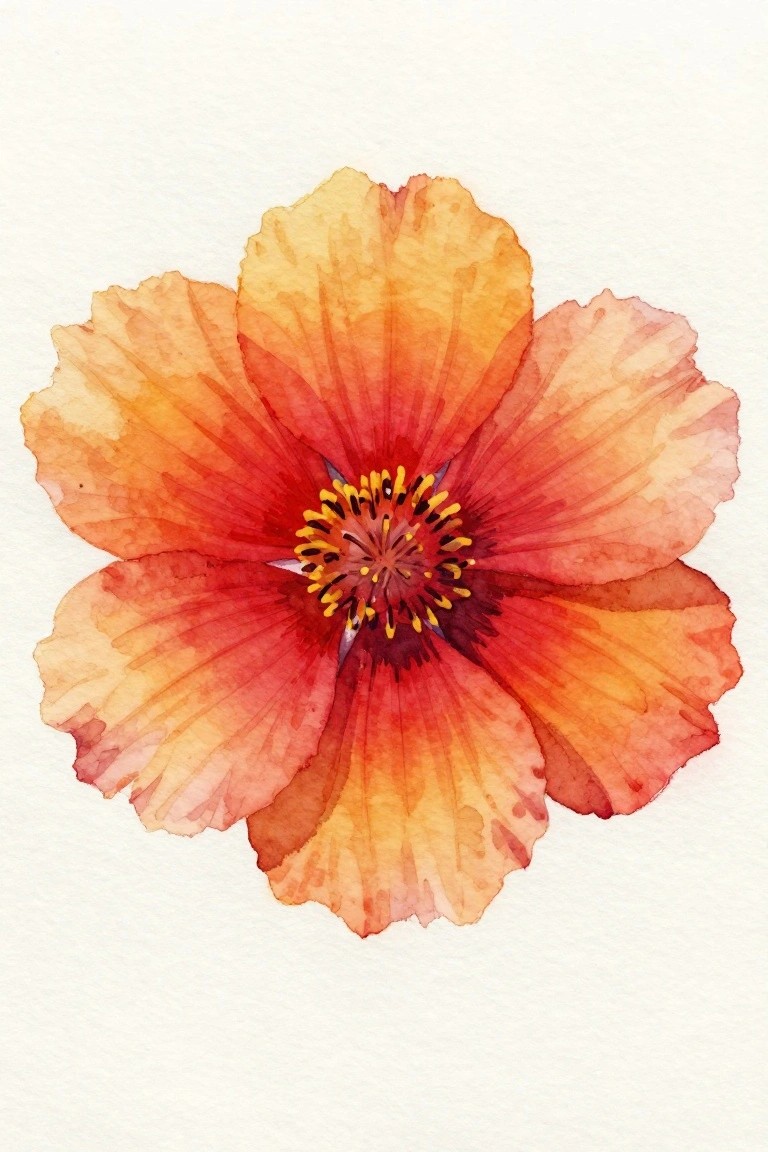 A watercolor painting of a large orange and red flower with yellow stamens centered on a white background.