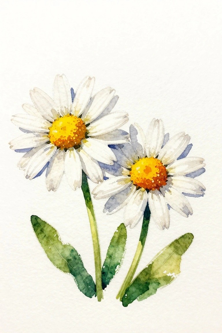 A watercolor painting of two white daisies with yellow-orange centers and green leaves on a white background.