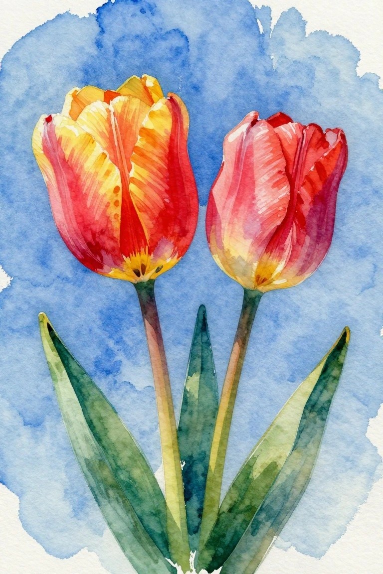 Two red-yellow watercolor tulips with green leaves on blue background