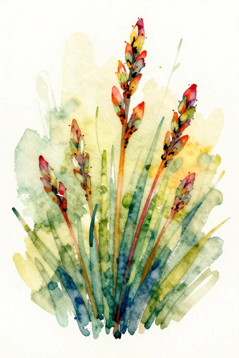 Vibrant watercolor of colorful flower spikes amid long blue-green leaves