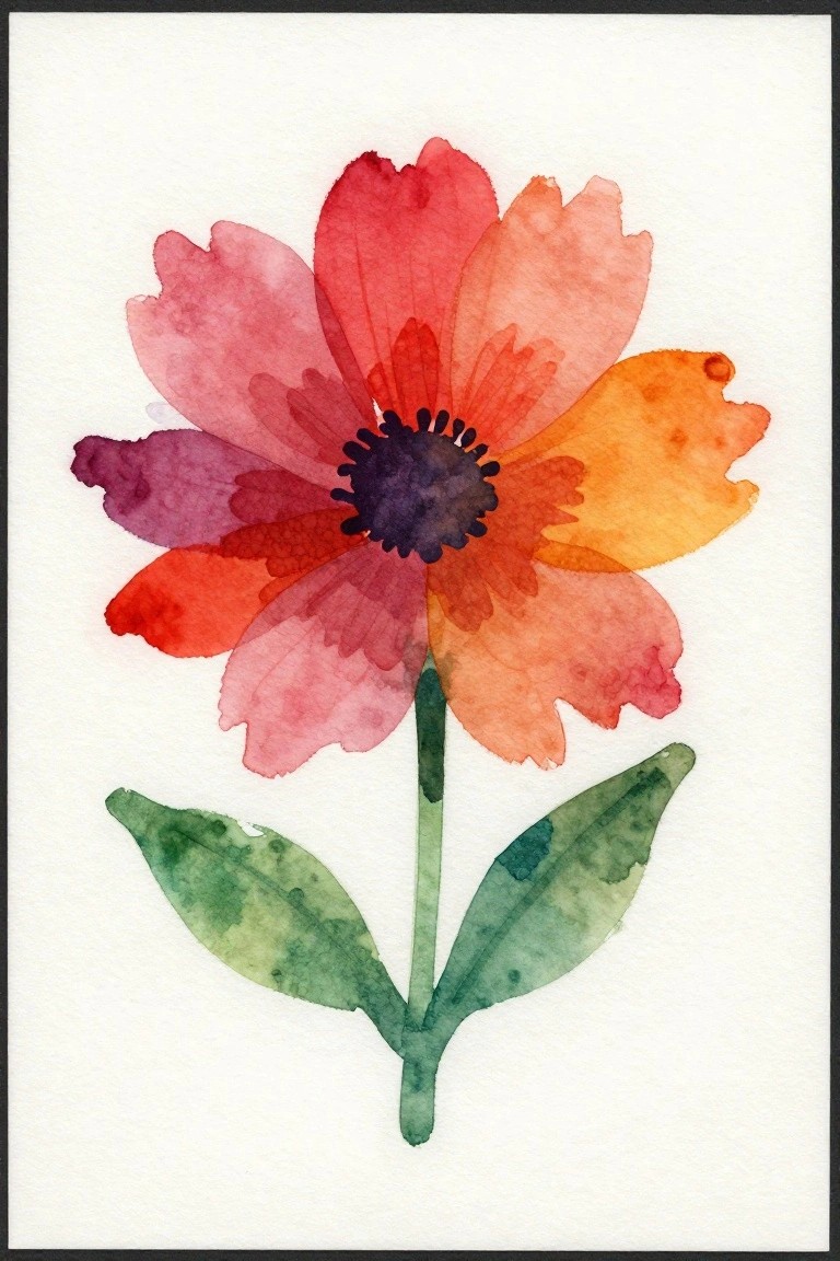 Watercolor flower with red-pink-orange petals, dark center, green stem and leaves.