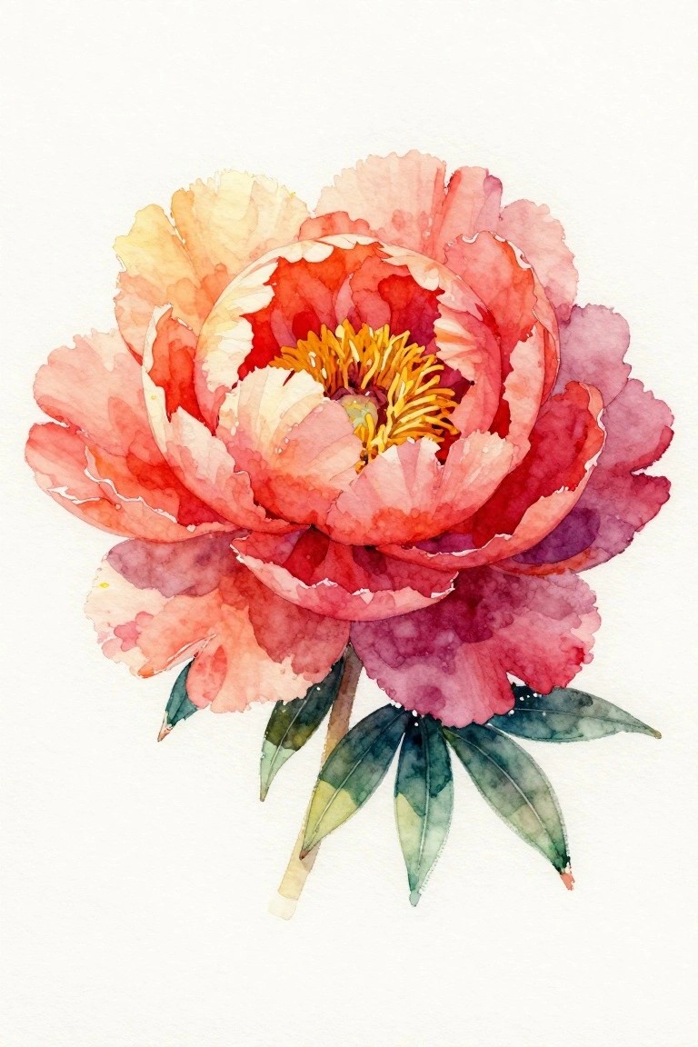 Watercolor painting of a red and pink peony flower with a yellow center and green leaves at the base.