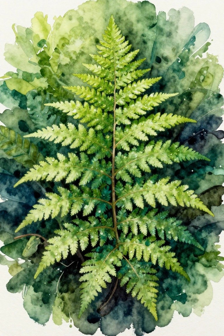 Watercolor fern with bright green fronds and dew drops on dark foliage