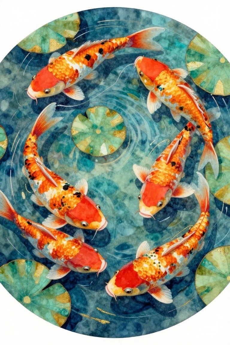 Vibrant koi fish circling in a pond with green lily pads, watercolor style.