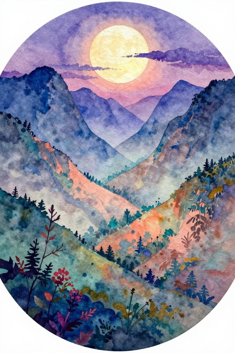 Circular watercolor of layered mountains glowing under large yellow sun at sunset