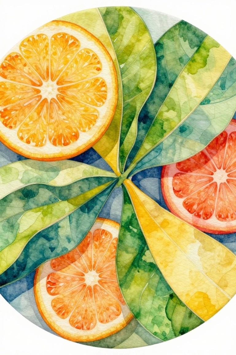 Watercolor citrus slices and green leaves in circular overlapping pattern