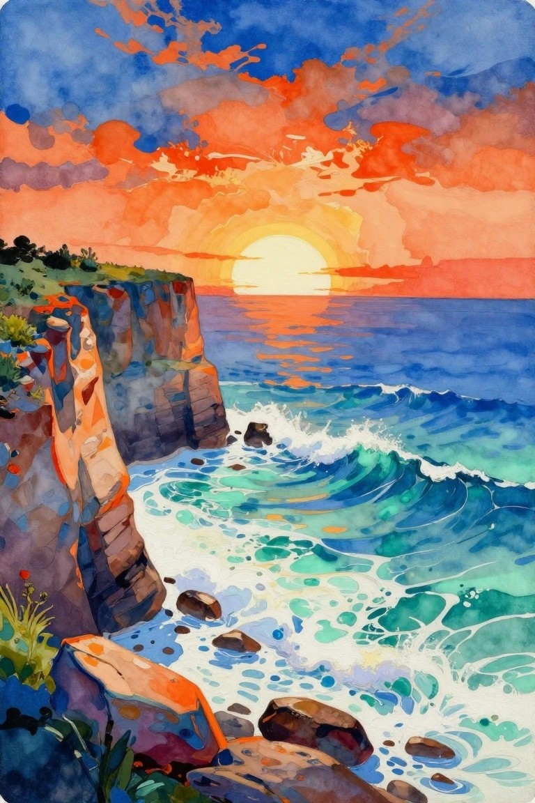 Watercolor sunset over ocean with rocky cliffs, crashing turquoise waves, vibrant skies.