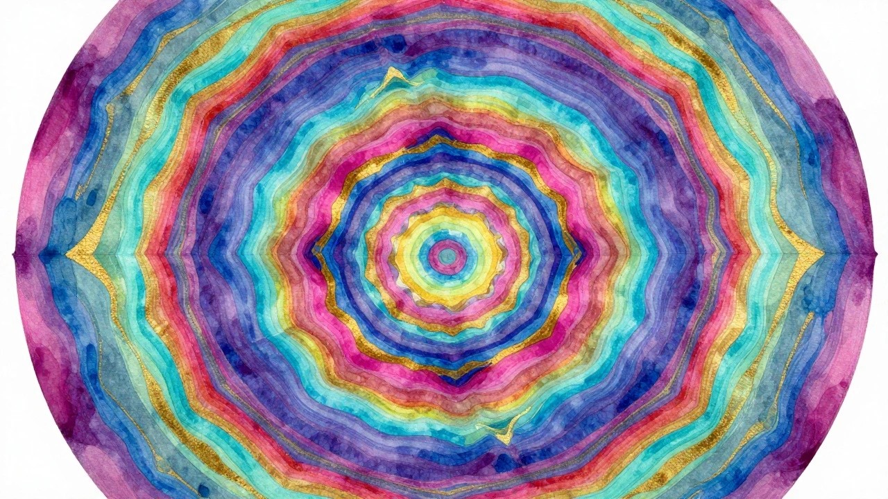 Vibrant watercolor concentric circles in rainbow hues with textured bleeding edges.