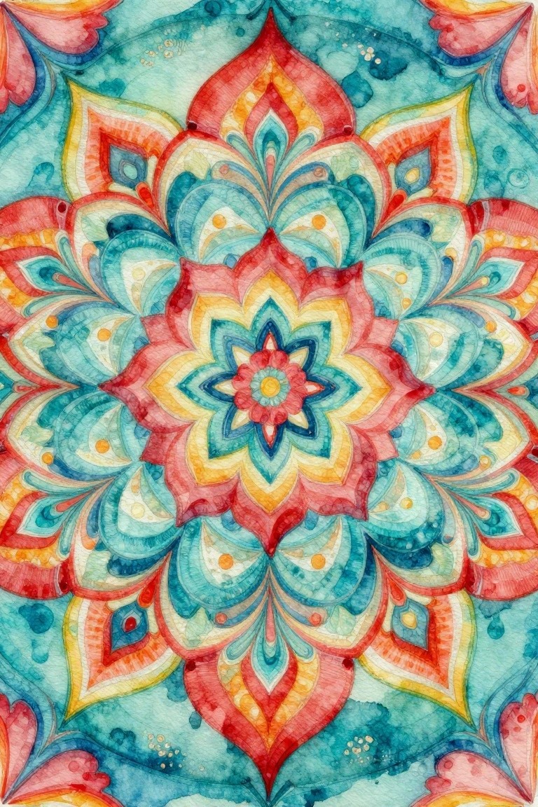 A detailed round mandala painting with red, orange, yellow, and blue floral layers on a teal watercolor background.