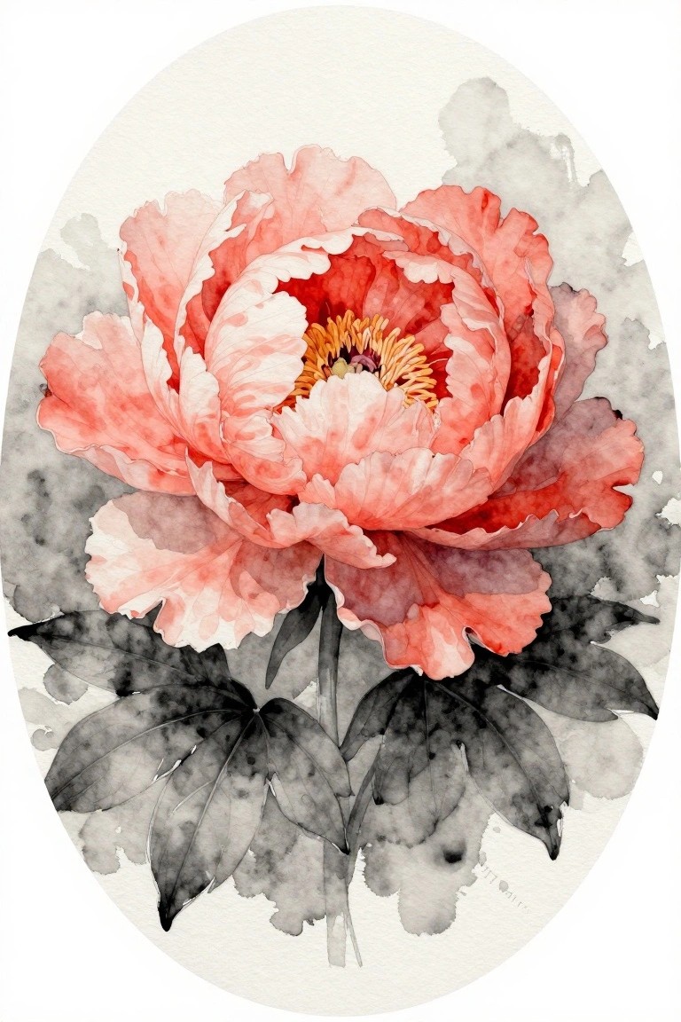 Watercolor peony in pink and red with yellow center and dark leaves in oval