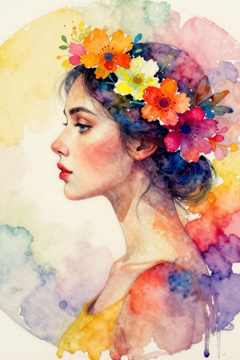 Watercolor profile of a woman with vibrant flowers in her hair