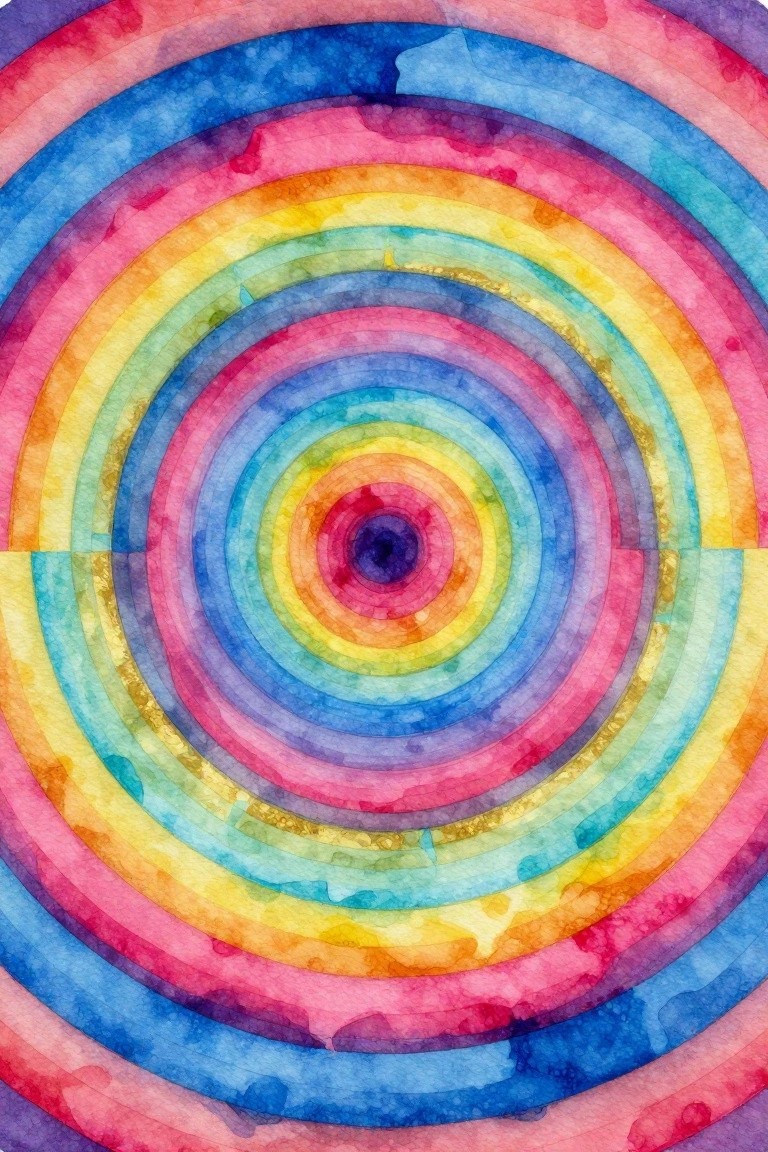 Vibrant watercolor concentric circles in rainbow hues with textured bleeding edges.