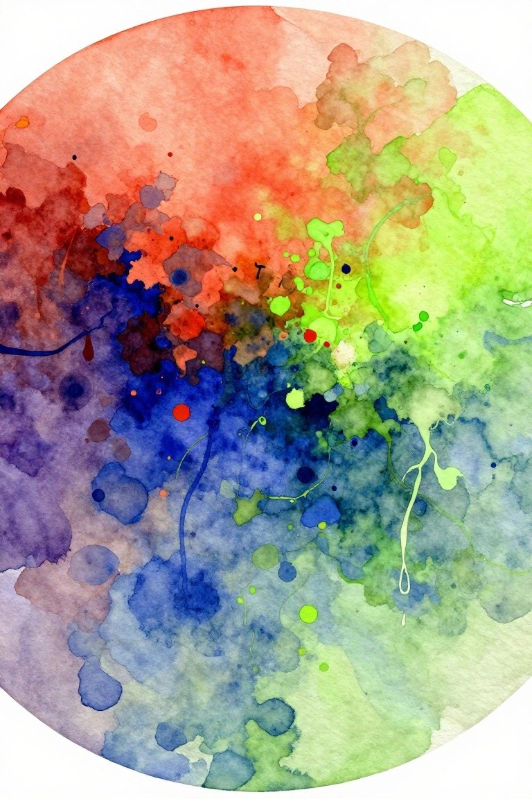 Abstract circular watercolor with vibrant red, orange, blue, green, purple blends and splatters