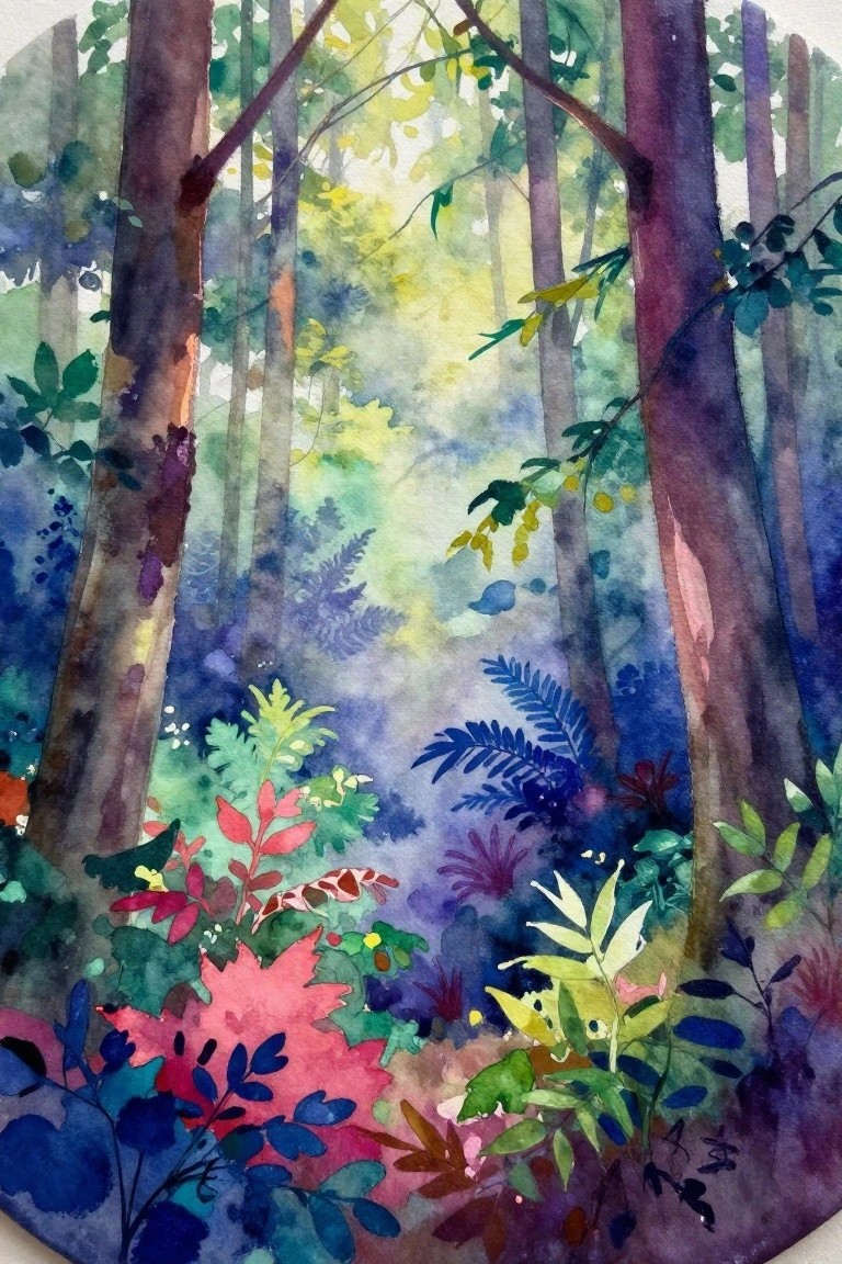 A round watercolor painting showing a forest with tall trees and colorful undergrowth in greens, blues, and reds.
