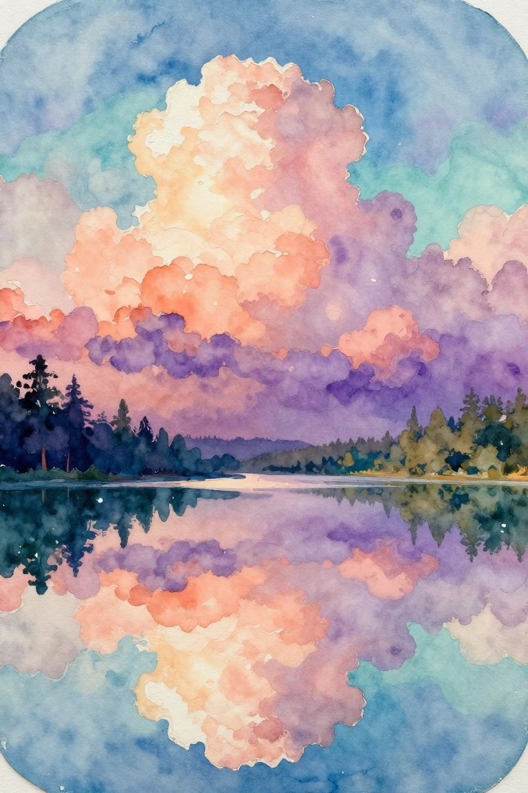 Watercolor landscape of vibrant pink-purple clouds reflected in a serene lake with trees