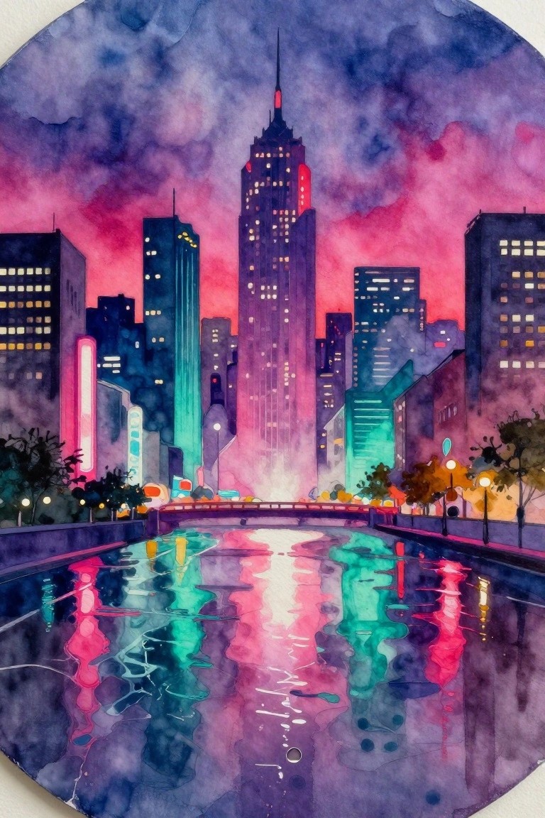 Vibrant watercolor cityscape of glowing skyscrapers reflected in a river at dusk.